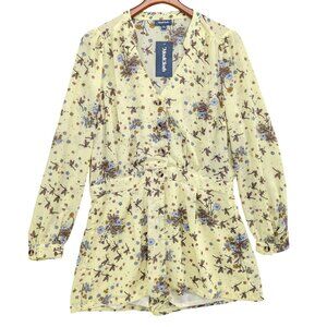 ModCloth Time To Suit Up Romper Womens Yellow Floral Dragonfly Long Sleeve Sz XL